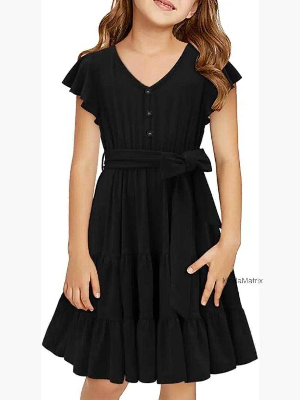 Girls Short Sleeve V Neck Ruffle Hem Dress with Belt